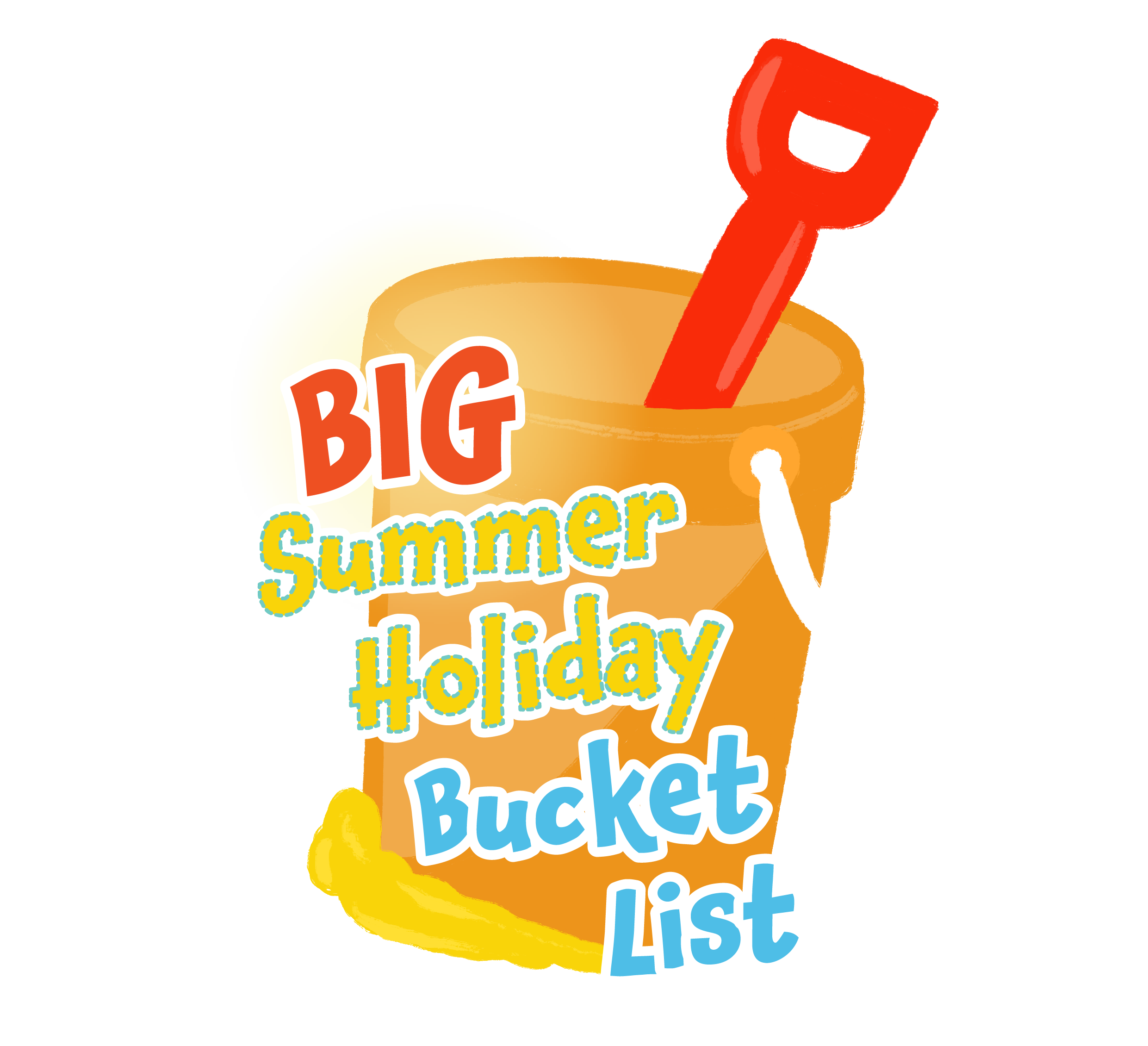 An orange bucket with a red spade inside and the words 'Big Summer Holiday Bucket List' over the top.