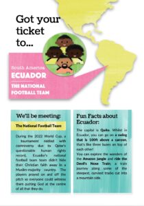 Inside layout from Got Your Ticket featuring the Ecuador football team, their location on a map and a fact file.